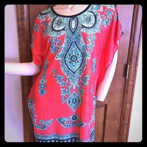 Coral Turquoise & Black Belted Tunic Dress
